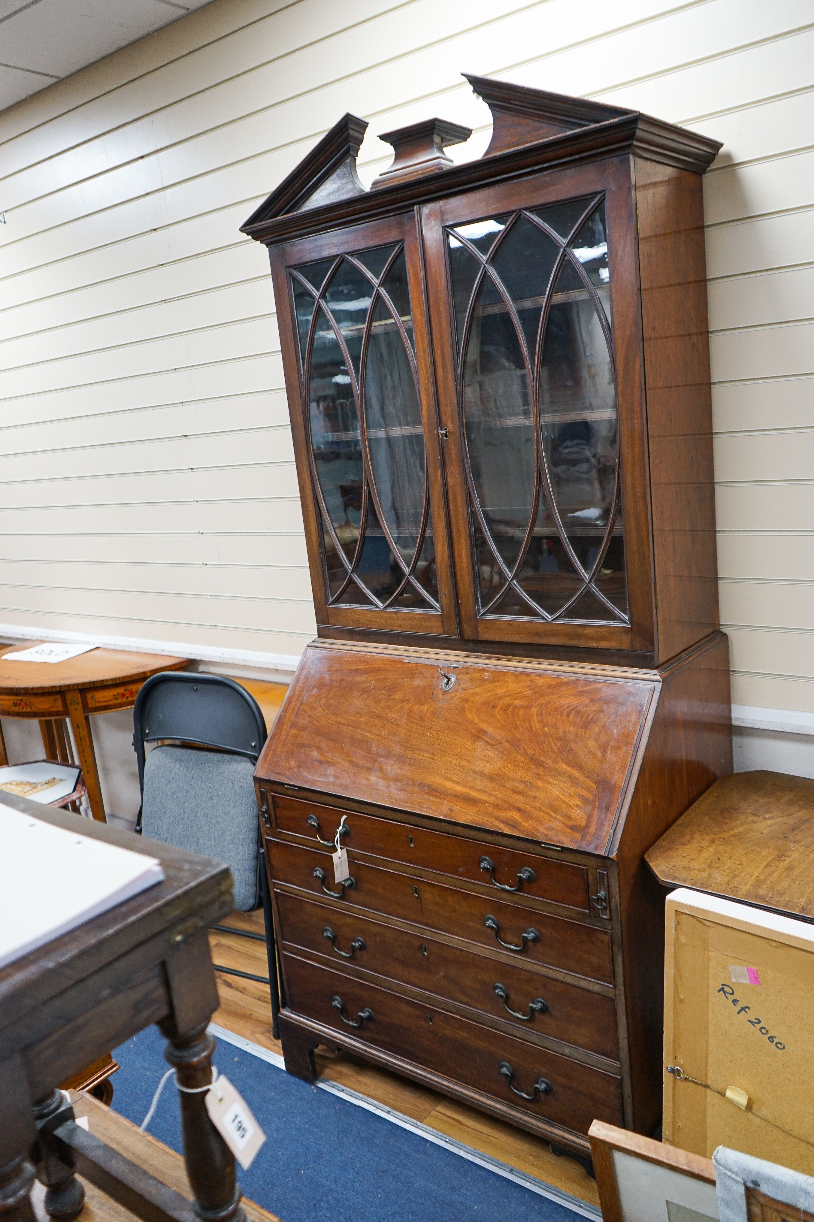 A George III and later mahogany bureau bookcase, length 91cm, depth 57cm, height 210cm